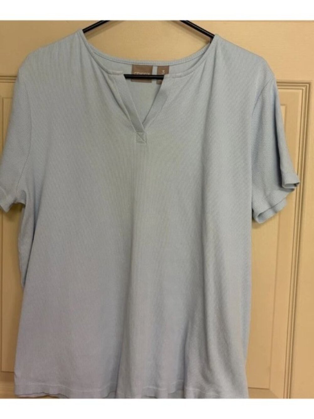 Chicos Light Blue Cotton T Shirt Ribbed Size 3 V Neck